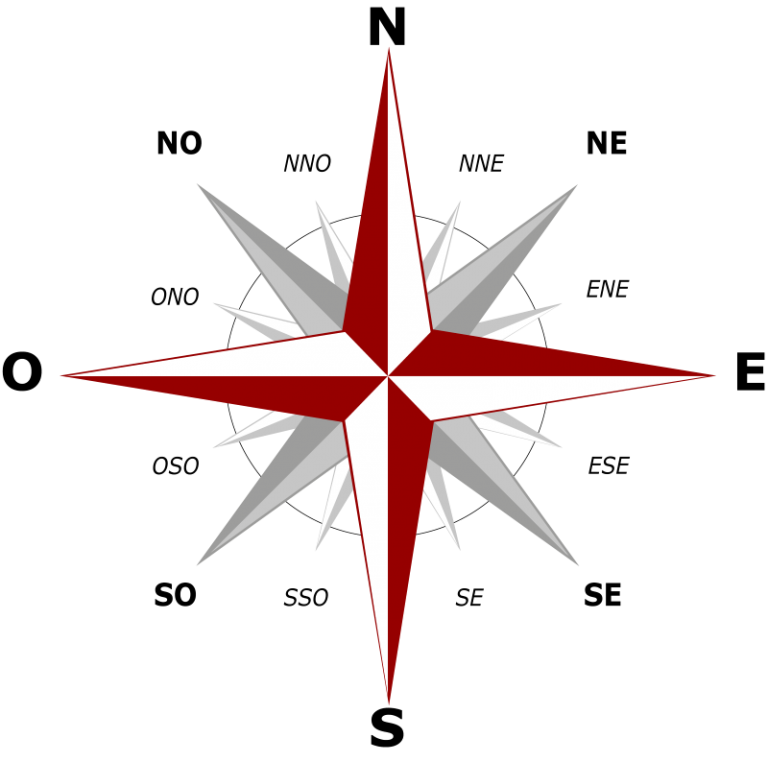 Immagine della rosa dei venti con indicazione delle varie direzioni per individuare il vento per la pesca.